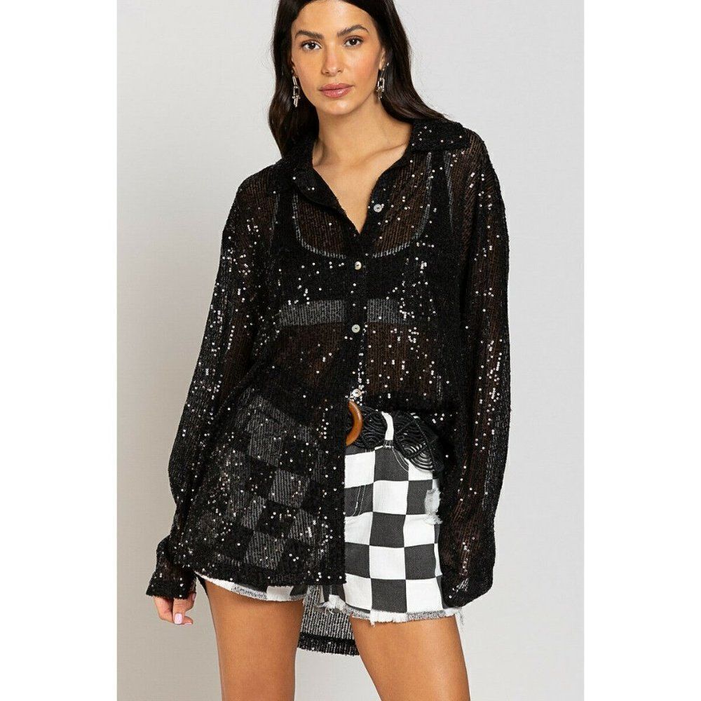 POL CLOTHING BLACK SEQUIN BUTTON UP SHIRT BEACH COVER UP SPARKLY CUTE CLUB DATE